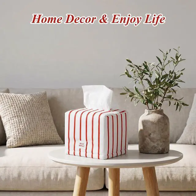 Alt view image 6 of 7 - Cube Tissue Box Cover, Red Stripe Tissue Box Cover Stylish Toilet Paper Organizer for Home Bedroom Living Room Bathroom Office, 5''x5''x5''