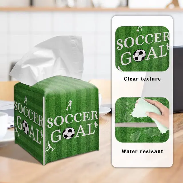 Alt view image 3 of 5 - Soccer Goal Tissue Box Cover,Universal 5.2 Inch Leather Cube for Home Bathroom Countertop,Soccer Decor for Kids Room,Team Party Decor,Soccer Gift.(017)