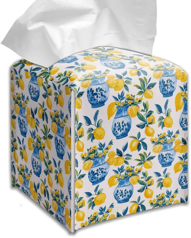 Main image of Lemon Tissue Box Cover Blue Vase Pattern Square Decorative Holder Mediterranean Kitchen Bathroom Home Decor
