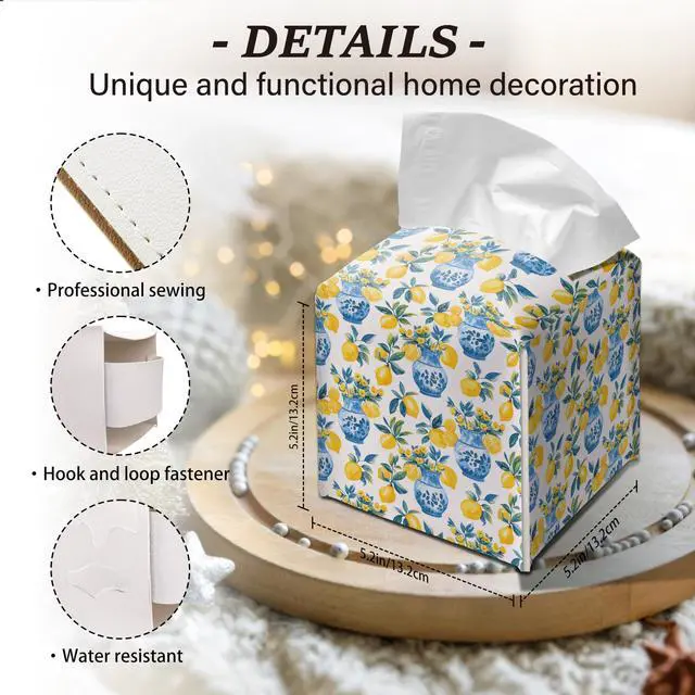 Alt view image 2 of 5 - Lemon Tissue Box Cover Blue Vase Pattern Square Decorative Holder Mediterranean Kitchen Bathroom Home Decor