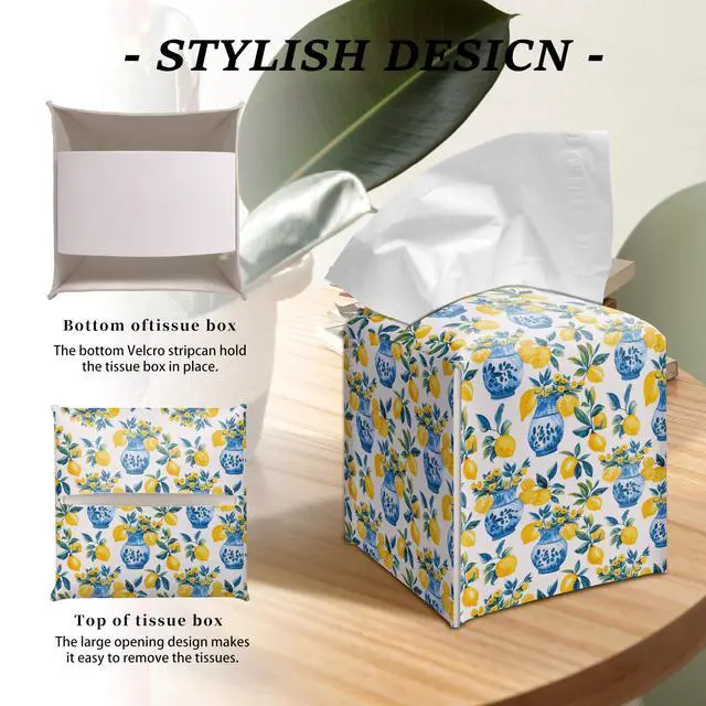 Alt view image 3 of 5 - Lemon Tissue Box Cover Blue Vase Pattern Square Decorative Holder Mediterranean Kitchen Bathroom Home Decor