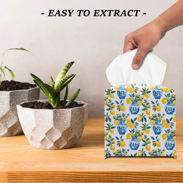 Alt view image 4 of 5 - Lemon Tissue Box Cover Blue Vase Pattern Square Decorative Holder Mediterranean Kitchen Bathroom Home Decor
