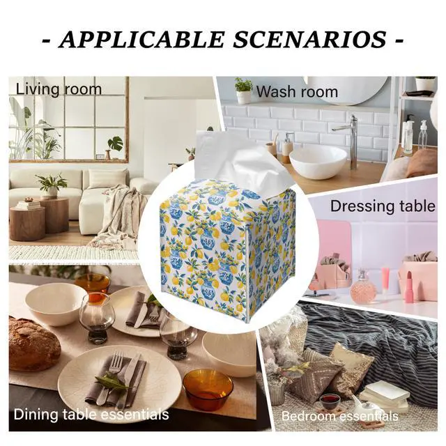 Alt view image 5 of 5 - Lemon Tissue Box Cover Blue Vase Pattern Square Decorative Holder Mediterranean Kitchen Bathroom Home Decor
