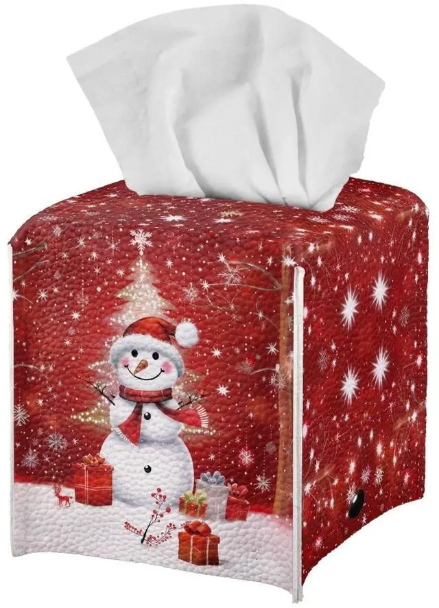Main image of Christmas Decorations Tissue Box Holder Cute Xmas Snowman Print Square Napkin Facial Tissues Holder Dispenser, Home Office Car Tissue Box Cover Decorative Container with Belt Bottom