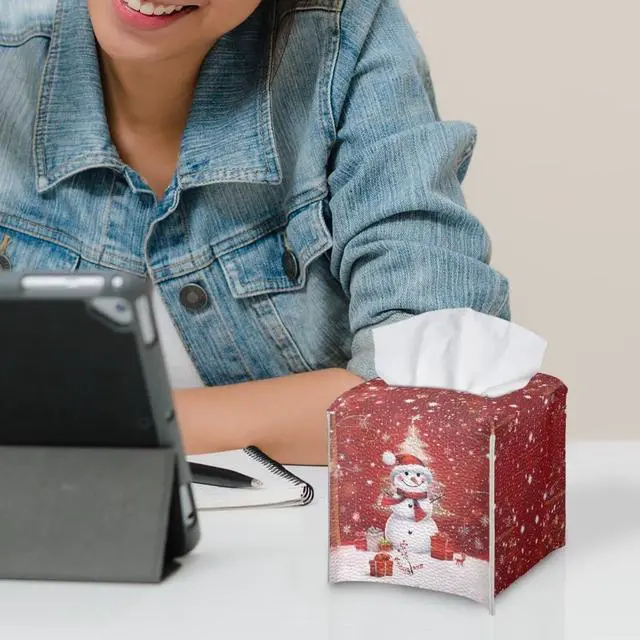 Alt view image 6 of 7 - Christmas Decorations Tissue Box Holder Cute Xmas Snowman Print Square Napkin Facial Tissues Holder Dispenser, Home Office Car Tissue Box Cover Decorative Container with Belt Bottom