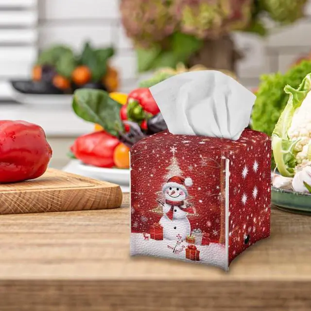 Alt view image 5 of 7 - Christmas Decorations Tissue Box Holder Cute Xmas Snowman Print Square Napkin Facial Tissues Holder Dispenser, Home Office Car Tissue Box Cover Decorative Container with Belt Bottom
