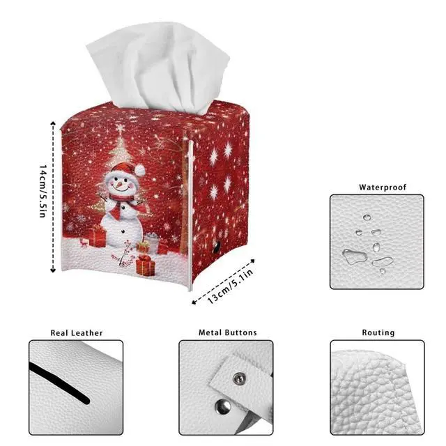 Alt view image 7 of 7 - Christmas Decorations Tissue Box Holder Cute Xmas Snowman Print Square Napkin Facial Tissues Holder Dispenser, Home Office Car Tissue Box Cover Decorative Container with Belt Bottom