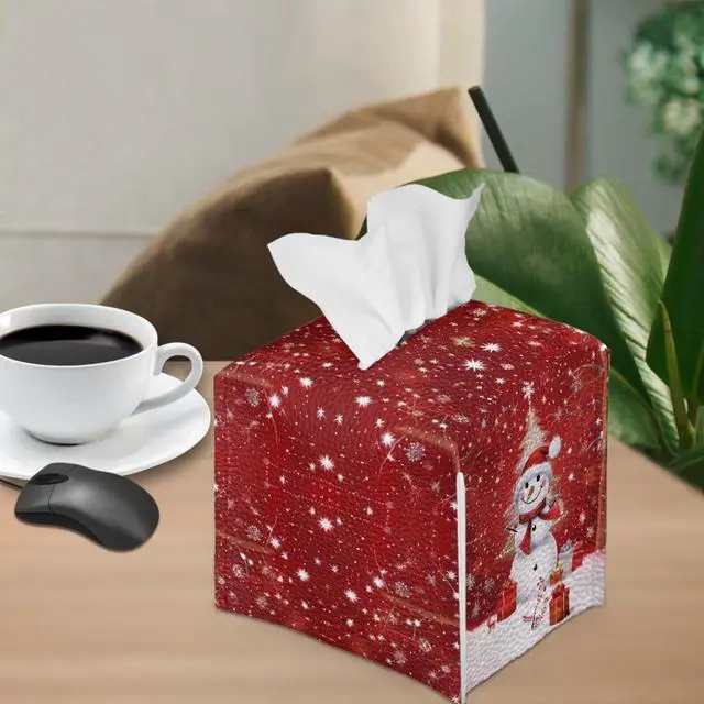 Alt view image 4 of 7 - Christmas Decorations Tissue Box Holder Cute Xmas Snowman Print Square Napkin Facial Tissues Holder Dispenser, Home Office Car Tissue Box Cover Decorative Container with Belt Bottom