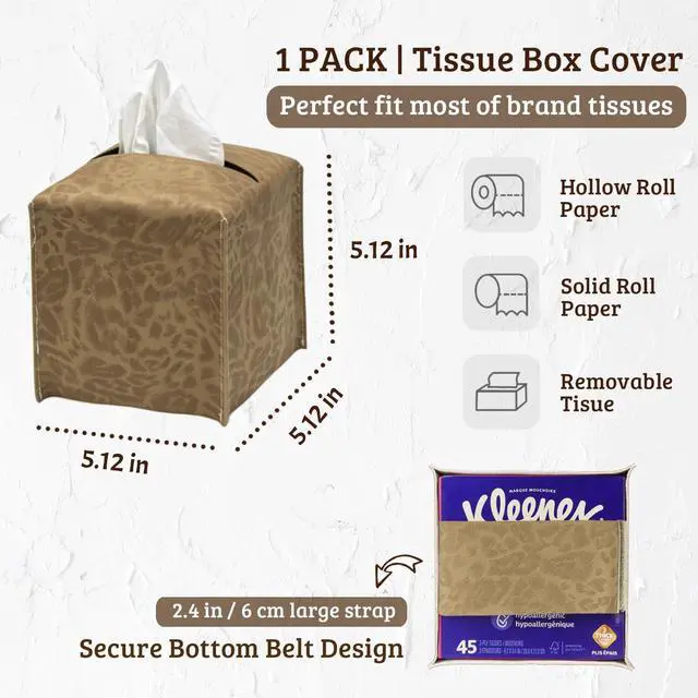 Alt view image 4 of 7 - Tissue Box Cover Square, 5.12x5.12x5.12 PU Leather Tissue Boxes Holder, Decorative Cube Paper Organizer with Bottom Belt for Bathroom, Vanity, Night Stands, Office, Car, Kitchen (Leopard)