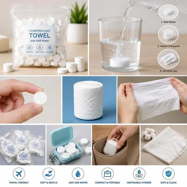 Alt view image 2 of 4 - Compressed Tissue Tablets Portable Disposable Cotton Towels, Expand with Water, Soft Travel Facial Cleaning Tissue, Compact Multipurpose Wipes for Home, Travel, Outdoor (Set of 7)