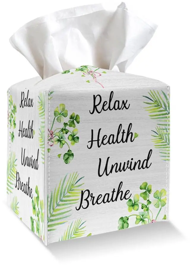 Main image of Relax Health Unwind Breathe Tissue Box Cover, Square Tissue Box Holder with Bottom Belt, PU Leather Decorative Facial Paper Organizer for Table Top, Bathroom, Car, Office-022
