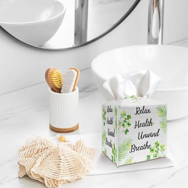 Alt view image 3 of 5 - Relax Health Unwind Breathe Tissue Box Cover, Square Tissue Box Holder with Bottom Belt, PU Leather Decorative Facial Paper Organizer for Table Top, Bathroom, Car, Office-022