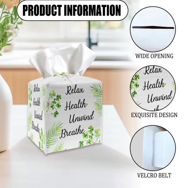 Alt view image 2 of 5 - Relax Health Unwind Breathe Tissue Box Cover, Square Tissue Box Holder with Bottom Belt, PU Leather Decorative Facial Paper Organizer for Table Top, Bathroom, Car, Office-022