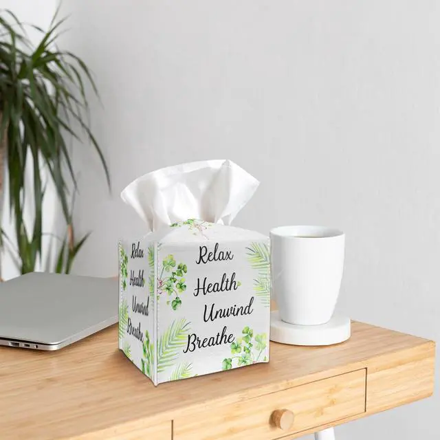 Alt view image 4 of 5 - Relax Health Unwind Breathe Tissue Box Cover, Square Tissue Box Holder with Bottom Belt, PU Leather Decorative Facial Paper Organizer for Table Top, Bathroom, Car, Office-022
