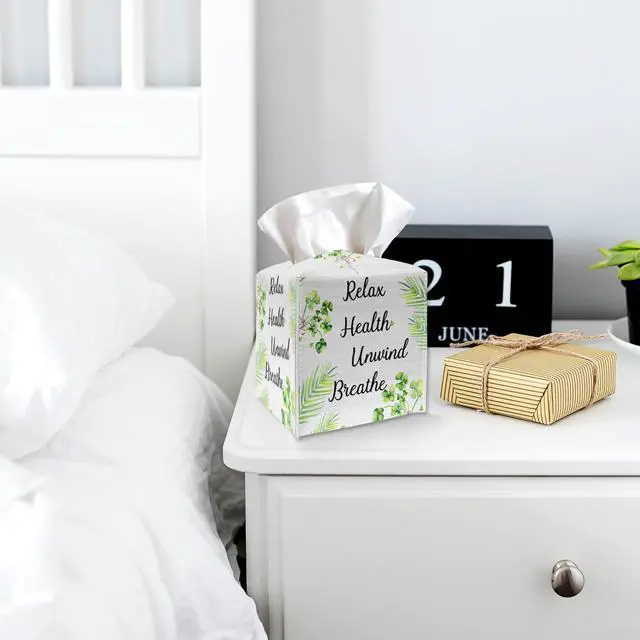 Alt view image 5 of 5 - Relax Health Unwind Breathe Tissue Box Cover, Square Tissue Box Holder with Bottom Belt, PU Leather Decorative Facial Paper Organizer for Table Top, Bathroom, Car, Office-022
