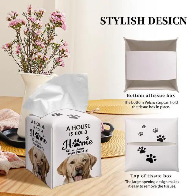 Alt view image 4 of 6 - Cute Labrador Tissue Box Cover Square, Labrador Dog Cube Case for Facial Tissues, 5.2" PU Leather(035)