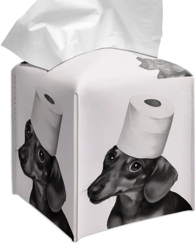 Main image of Cute Dachshund Tissue Box Cover Square, Toilet Paper Cube Case for Facial Tissues, 5.2" PU Leather(078)