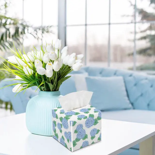 Alt view image 3 of 4 - Contemporary Floral Tissue Box Cover, Hydrangea Flower Tissue Box Holder, Square Facial Paper Case, Cube Facial Paper Organizer Dispenser for Bedroom Vanity Countertop Nightstands/Leather-08