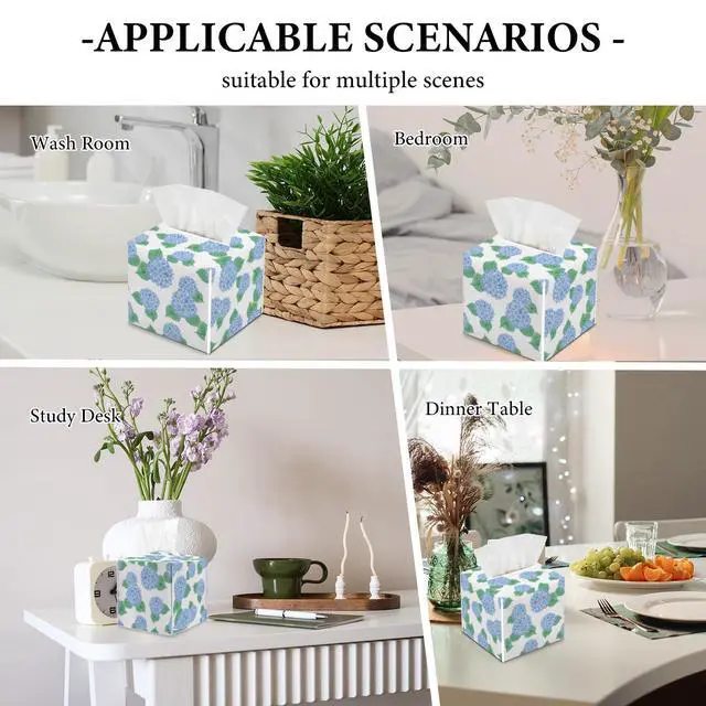 Alt view image 4 of 4 - Contemporary Floral Tissue Box Cover, Hydrangea Flower Tissue Box Holder, Square Facial Paper Case, Cube Facial Paper Organizer Dispenser for Bedroom Vanity Countertop Nightstands/Leather-08