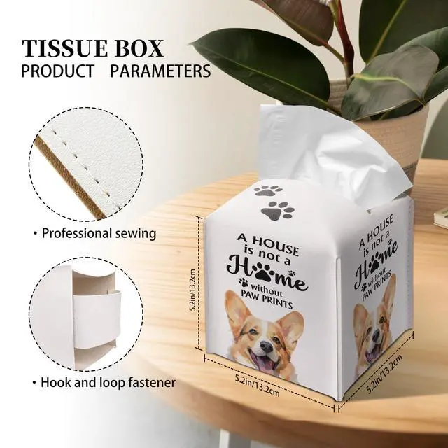 Alt view image 2 of 6 - Cute Corgi Tissue Box Cover Square, Corgi Dog Cube Case for Facial Tissues, 5.2" PU Leather(040)