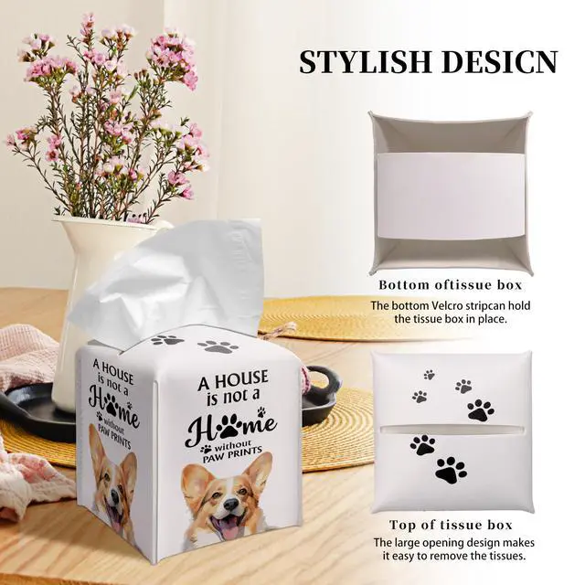 Alt view image 4 of 6 - Cute Corgi Tissue Box Cover Square, Corgi Dog Cube Case for Facial Tissues, 5.2" PU Leather(040)