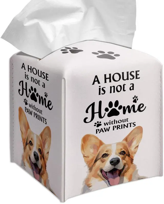 Main image of Cute Corgi Tissue Box Cover Square, Corgi Dog Cube Case for Facial Tissues, 5.2" PU Leather(040)