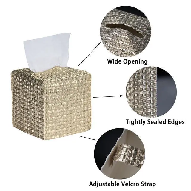 Alt view image 2 of 6 - Tissue Box Cover 2-Pack, Square Tissue Holder with Bottom Belt, Modern Tissue Case Facial Paper Organizer Dispenser for Bathroom, Office, Home, Table, Car, Woven Pattern Golden