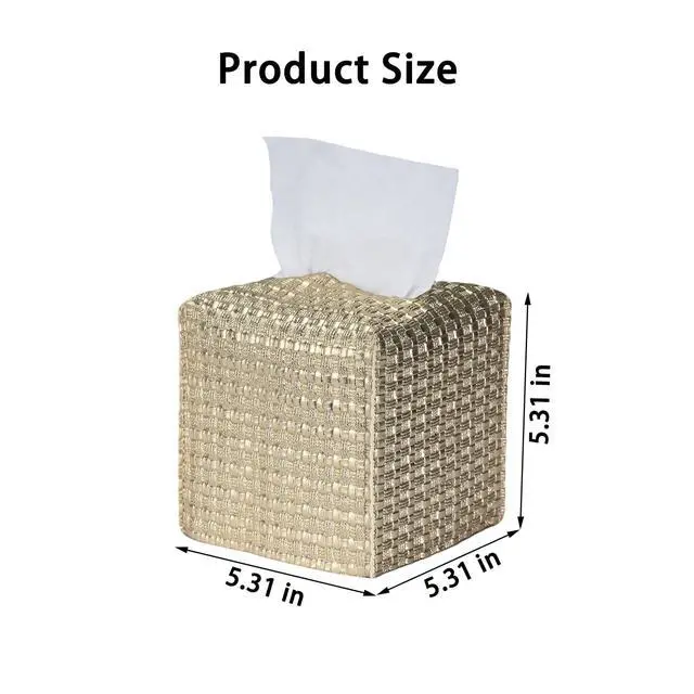 Alt view image 4 of 6 - Tissue Box Cover 2-Pack, Square Tissue Holder with Bottom Belt, Modern Tissue Case Facial Paper Organizer Dispenser for Bathroom, Office, Home, Table, Car, Woven Pattern Golden