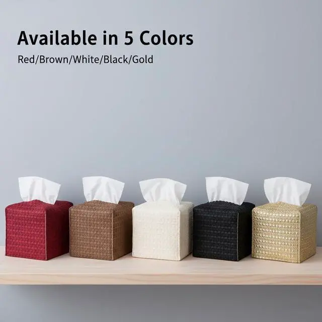 Alt view image 6 of 6 - Tissue Box Cover 2-Pack, Square Tissue Holder with Bottom Belt, Modern Tissue Case Facial Paper Organizer Dispenser for Bathroom, Office, Home, Table, Car, Woven Pattern Golden
