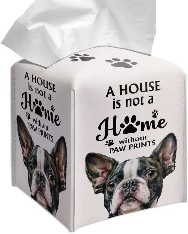 Main image of Cute French Bulldog Tissue Box Cover Square, French Bulldog Dog Cube Case for Facial Tissues, 5.2" PU Leather(028)