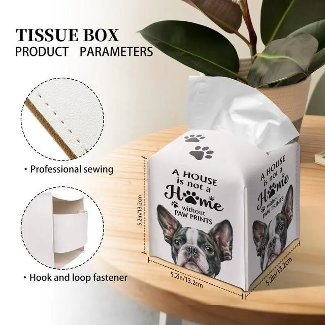 Alt view image 2 of 6 - Cute French Bulldog Tissue Box Cover Square, French Bulldog Dog Cube Case for Facial Tissues, 5.2" PU Leather(028)