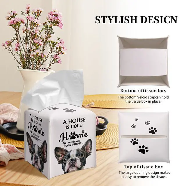 Alt view image 4 of 6 - Cute French Bulldog Tissue Box Cover Square, French Bulldog Dog Cube Case for Facial Tissues, 5.2" PU Leather(028)