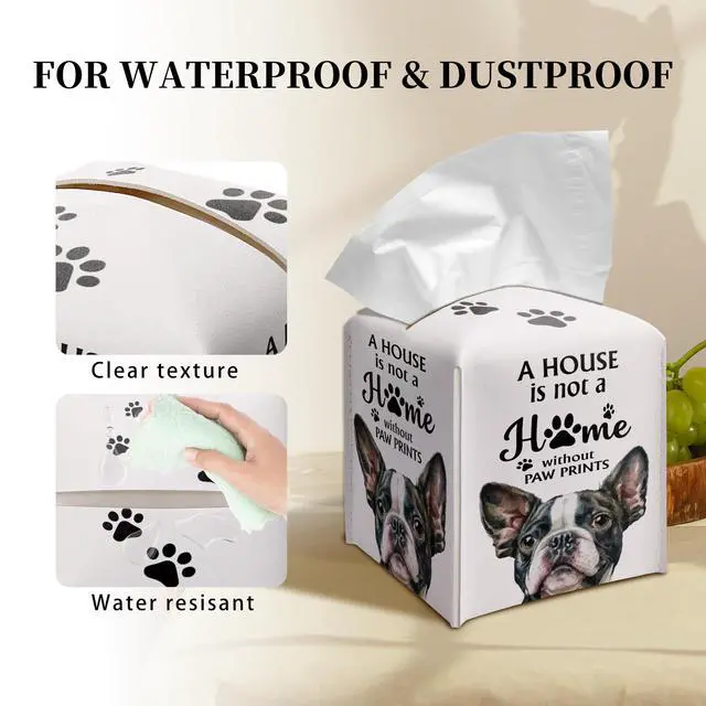 Alt view image 3 of 6 - Cute French Bulldog Tissue Box Cover Square, French Bulldog Dog Cube Case for Facial Tissues, 5.2" PU Leather(028)