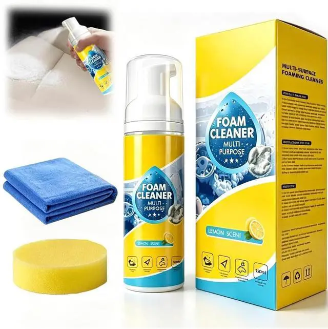 Main image of 4-in-1 Multi-Purpose Foam Cleaner, All Surface No-Rinse Spray with Sponge & Towel for Home, Kitchen, Bathroom, Car & Upholstery (1PC+1*Sponge+Towel)