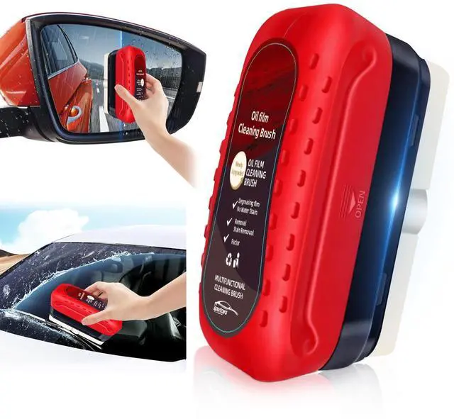Main image of Automotive Oil Film Cleaning Brush with Reusable Foam Sprayer, Upgraded Antifog Glass Cleaning Board, Glass Oil Film Remover for Car Windows & Windshields, Versatile Car Glass Cleaner Brush (Red)