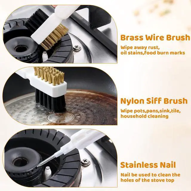 Alt view image 5 of 7 - Kitchen Cleaning Scrub Brush, 4-in-1 Deep Gas Stove Top Cleaner With Brass Wire Brush, Stiff Bristles & Cooktop Scrape, Range Hood Grease Grime Rust Cleaner for Pot Pan Household Cleaning Tool