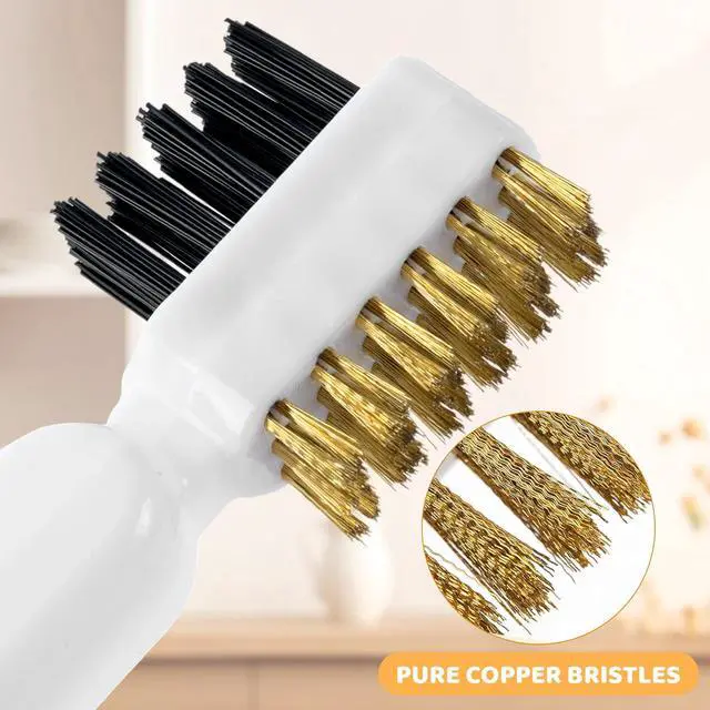 Alt view image 4 of 7 - Kitchen Cleaning Scrub Brush, 4-in-1 Deep Gas Stove Top Cleaner With Brass Wire Brush, Stiff Bristles & Cooktop Scrape, Range Hood Grease Grime Rust Cleaner for Pot Pan Household Cleaning Tool