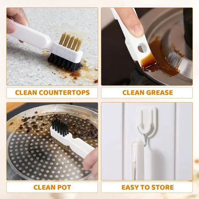 Alt view image 7 of 7 - Kitchen Cleaning Scrub Brush, 4-in-1 Deep Gas Stove Top Cleaner With Brass Wire Brush, Stiff Bristles & Cooktop Scrape, Range Hood Grease Grime Rust Cleaner for Pot Pan Household Cleaning Tool