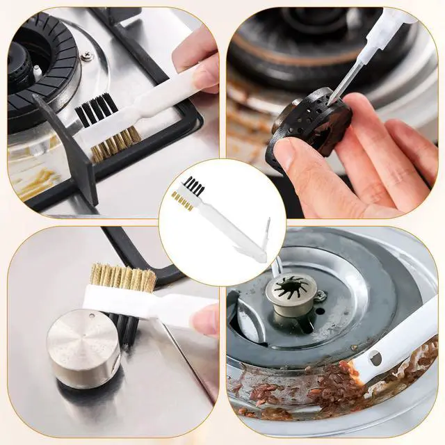 Alt view image 6 of 7 - Kitchen Cleaning Scrub Brush, 4-in-1 Deep Gas Stove Top Cleaner With Brass Wire Brush, Stiff Bristles & Cooktop Scrape, Range Hood Grease Grime Rust Cleaner for Pot Pan Household Cleaning Tool