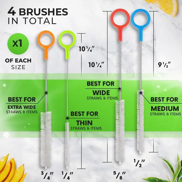 Alt view image 2 of 6 - Heavy Duty Cleaning Brushes Set of 4 - Extra Long Straw Cleaners for Metal and Plastic Reusable Drinking Straws, to Clean Small Spaces, Sippy Cups, Water Bottles - Sturdy Hard Brush Bristles