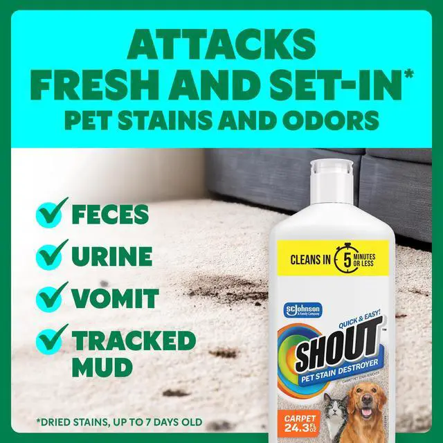 Alt view image 3 of 7 - Pet Stain Remover, Color-Safe Rug, Upholstery & Carpet Cleaner Solution for Dog & Cat Urine, Feces, Vomit & Mud, Fights Odors & Remarking, Fast-Acting Cleans in 5 Minutes or Less, 24.3oz