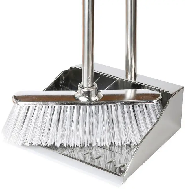 Main image of Metal Dustpan with Soft Bristles Broom Heavy Duty Stainless Steel Upright Standing Dust Pan and Broom for Sweeping Indoor Outdoor Home Kitchen Office Lobby Hardwood Floor Cleaning