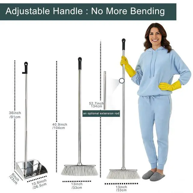 Alt view image 2 of 7 - Metal Dustpan with Soft Bristles Broom Heavy Duty Stainless Steel Upright Standing Dust Pan and Broom for Sweeping Indoor Outdoor Home Kitchen Office Lobby Hardwood Floor Cleaning