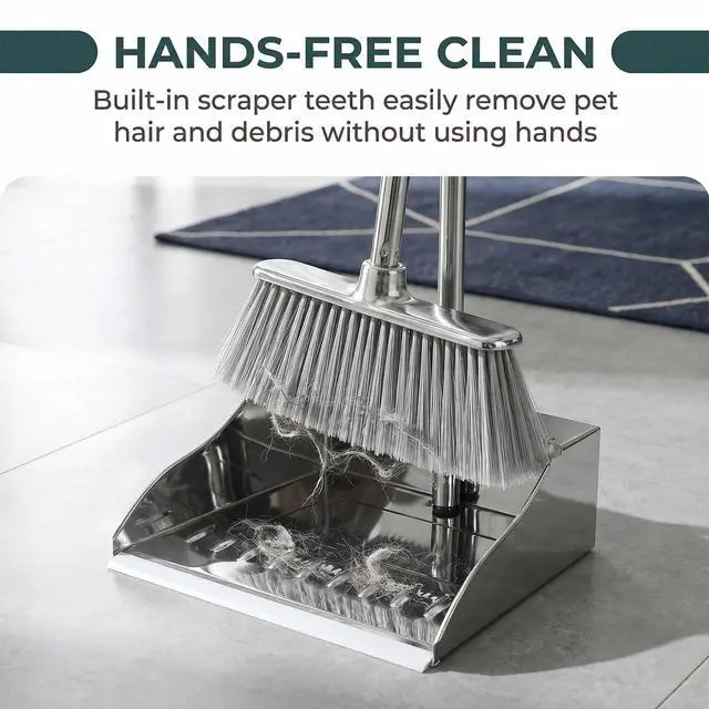 Alt view image 3 of 7 - Metal Dustpan with Soft Bristles Broom Heavy Duty Stainless Steel Upright Standing Dust Pan and Broom for Sweeping Indoor Outdoor Home Kitchen Office Lobby Hardwood Floor Cleaning