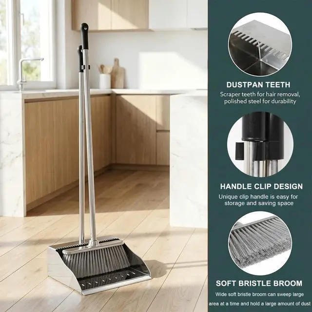 Alt view image 4 of 7 - Metal Dustpan with Soft Bristles Broom Heavy Duty Stainless Steel Upright Standing Dust Pan and Broom for Sweeping Indoor Outdoor Home Kitchen Office Lobby Hardwood Floor Cleaning