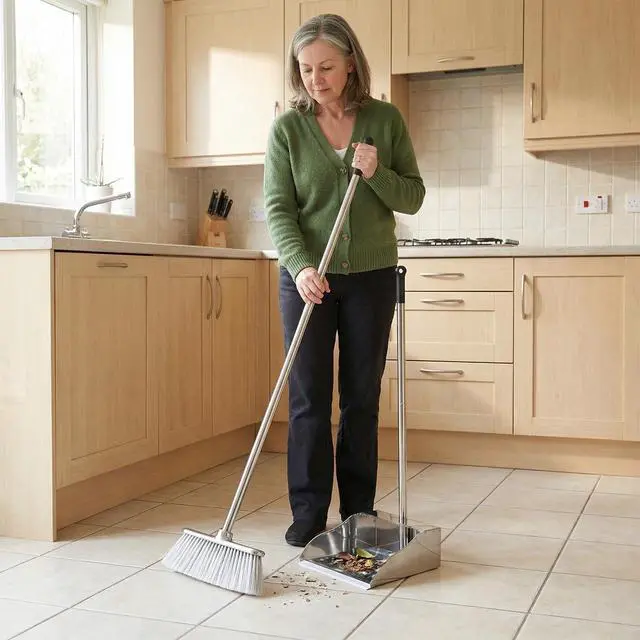 Alt view image 5 of 7 - Metal Dustpan with Soft Bristles Broom Heavy Duty Stainless Steel Upright Standing Dust Pan and Broom for Sweeping Indoor Outdoor Home Kitchen Office Lobby Hardwood Floor Cleaning