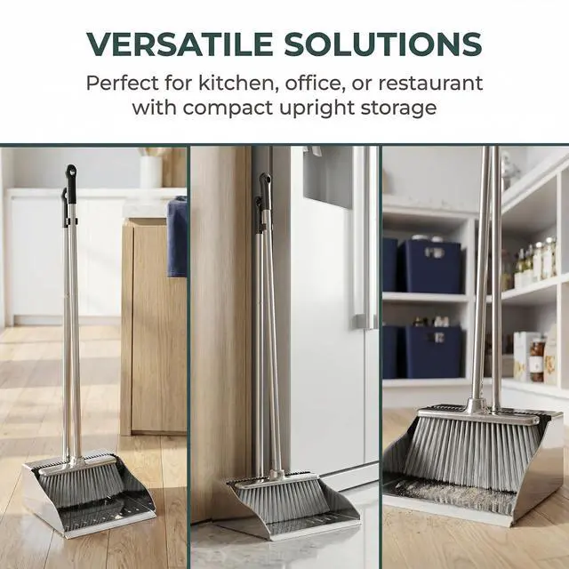 Alt view image 6 of 7 - Metal Dustpan with Soft Bristles Broom Heavy Duty Stainless Steel Upright Standing Dust Pan and Broom for Sweeping Indoor Outdoor Home Kitchen Office Lobby Hardwood Floor Cleaning