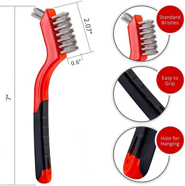 Alt view image 2 of 7 - Wire Brush Set 3Pcs - Nylon/Brass/Stainless Steel Bristles with Curved Handle Grip for Rust, Dirt & Paint Scrubbing with Deep Cleaning 7 Inches (Red)