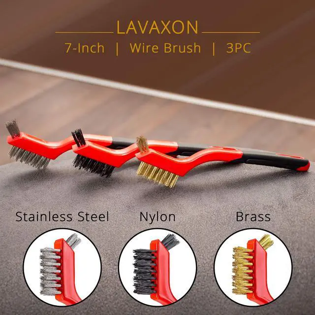 Alt view image 3 of 7 - Wire Brush Set 3Pcs - Nylon/Brass/Stainless Steel Bristles with Curved Handle Grip for Rust, Dirt & Paint Scrubbing with Deep Cleaning 7 Inches (Red)