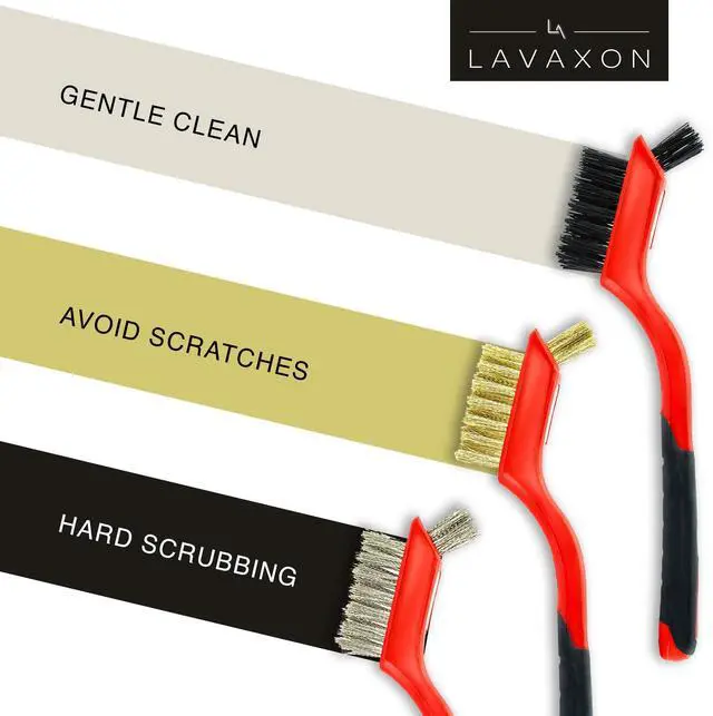 Alt view image 4 of 7 - Wire Brush Set 3Pcs - Nylon/Brass/Stainless Steel Bristles with Curved Handle Grip for Rust, Dirt & Paint Scrubbing with Deep Cleaning 7 Inches (Red)